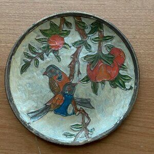 Vintage Cloisonne Enamel Brass Dish Trinket Plate Home Decor Birds Floral Fruit